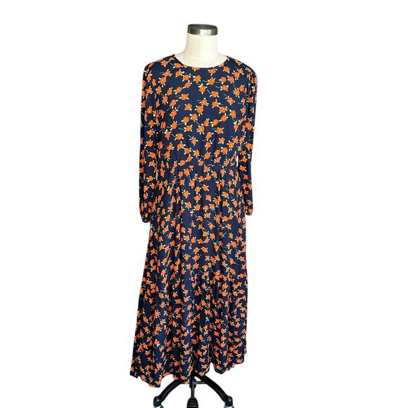 J.CREW Navy Blue Poppy Fields Flowy Tiered Midi Dress Women's Size 8 Midi Flower - Picture 1 of 10